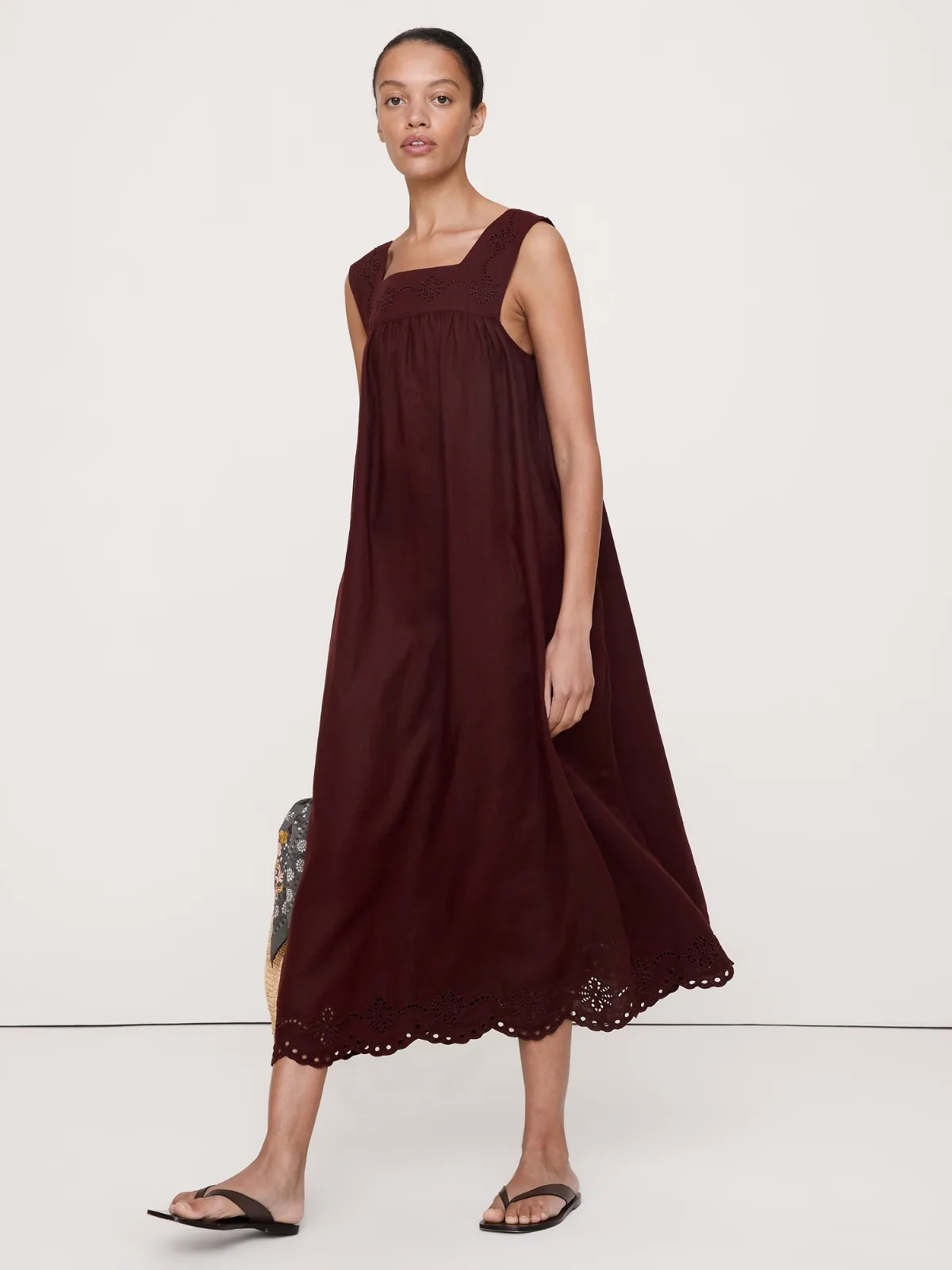 Embroidered Linen Square-Neck Dress by Banana Republic