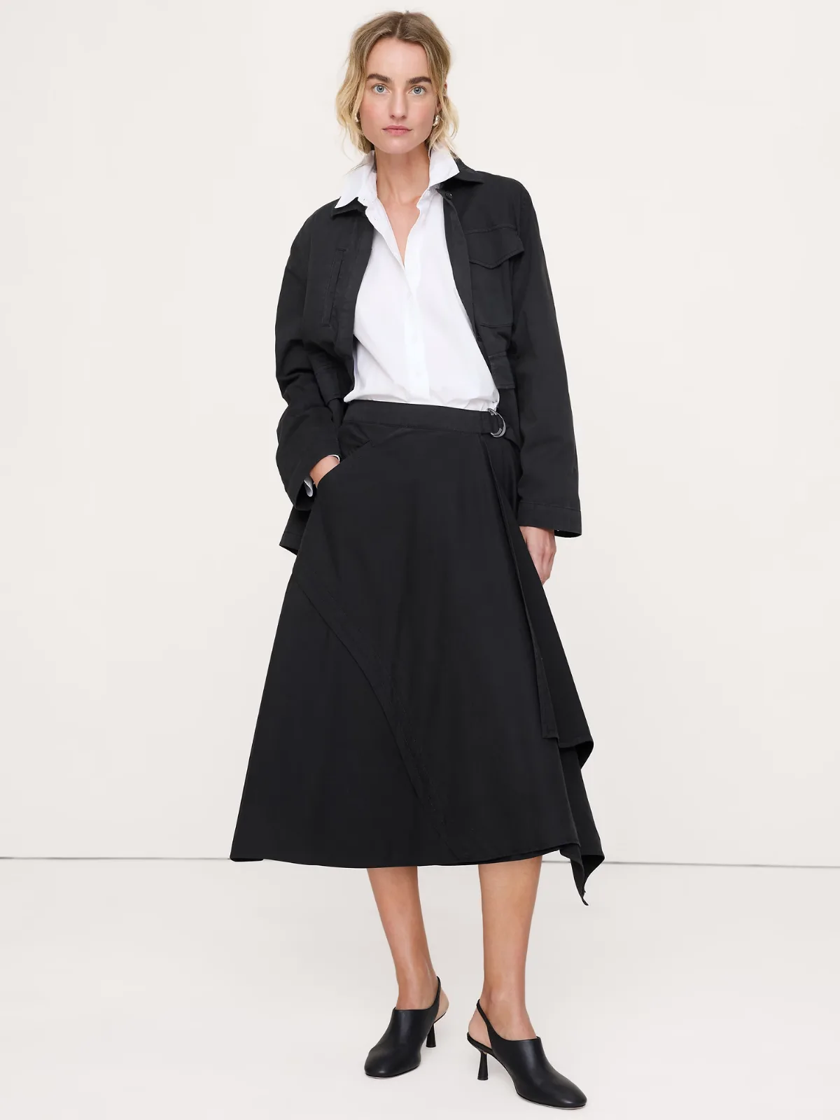 Cotton Twill Asymmetrical Wrap Midi Skirt by Banana Republic