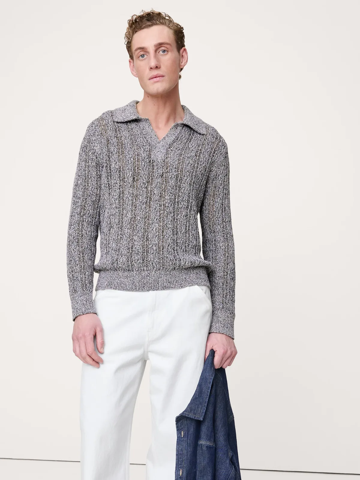 Cotton-Blend Zig-Zag Sweater Polo Shirt by Banana Republic