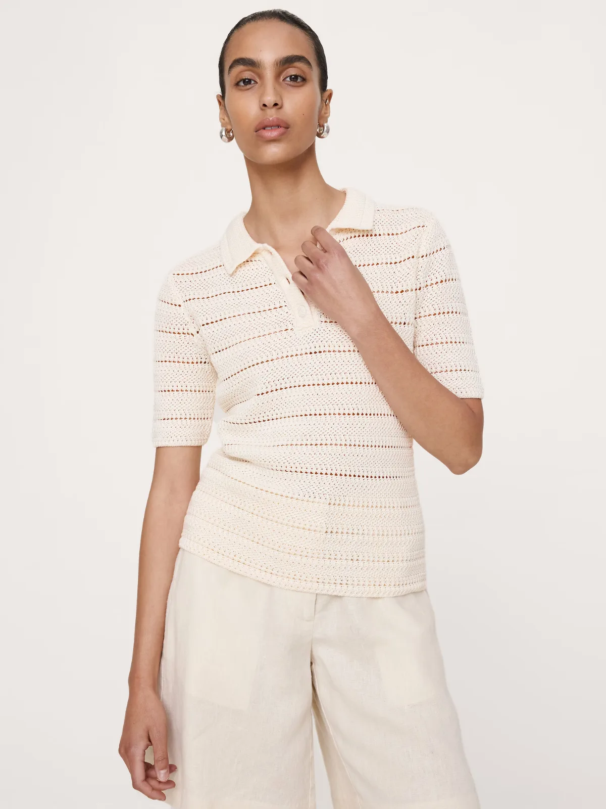 Crochet Stripe Cotton Sweater Polo Shirt by Banana Republic