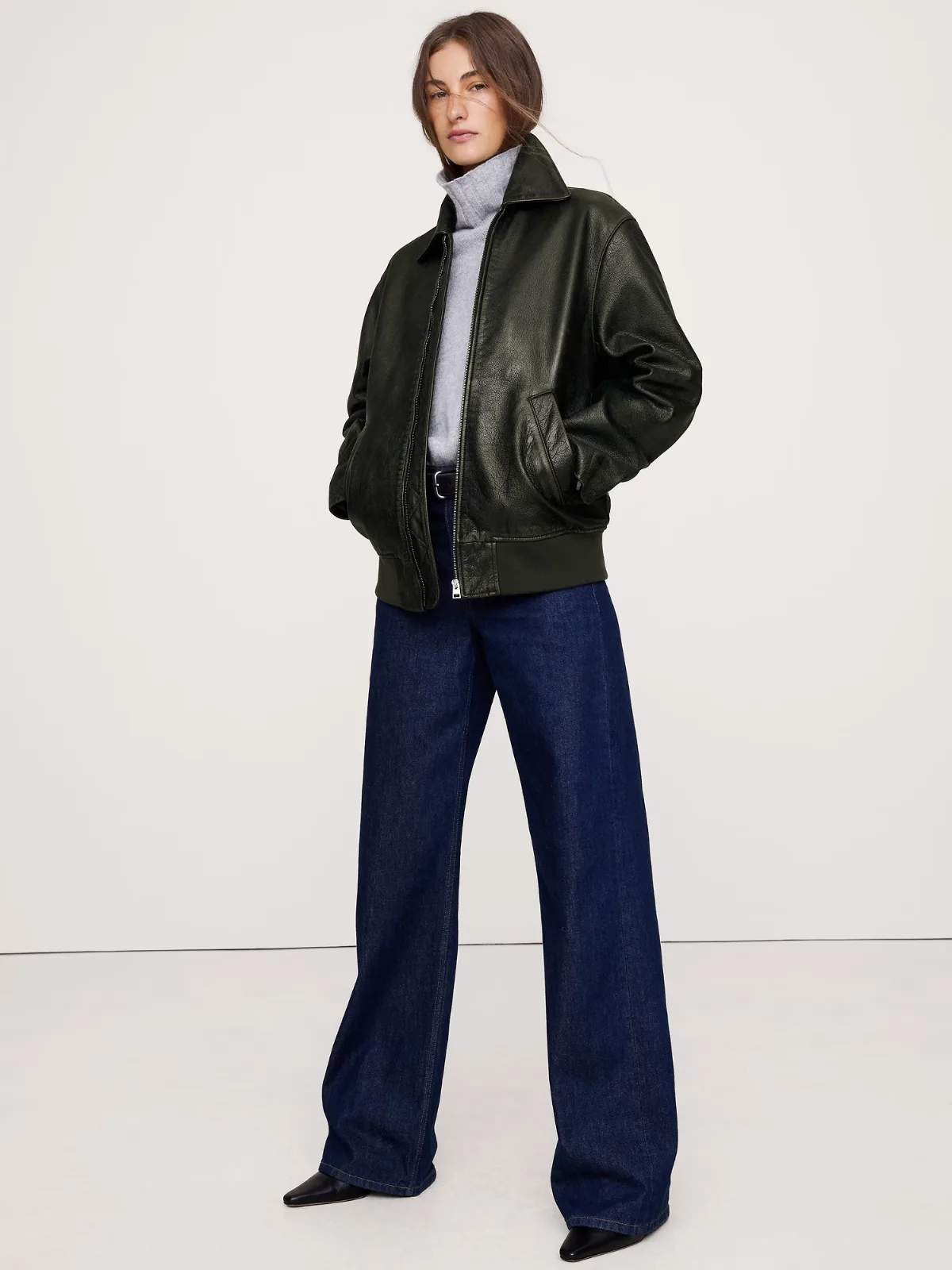 Oversized Distressed Leather Bomber Jacket by Banana Republic