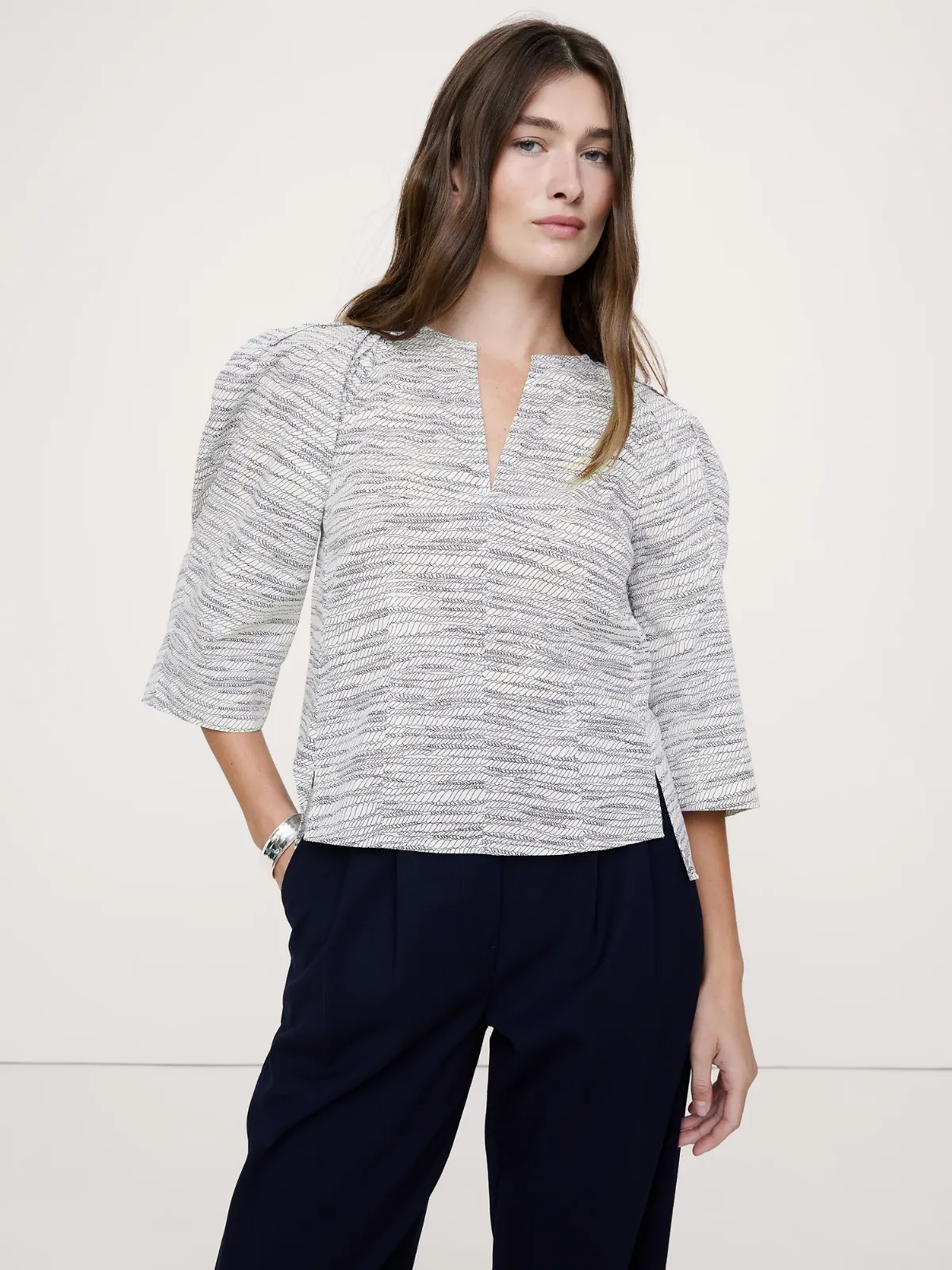 Stretch-Cotton Volume-Sleeve Top by Banana Republic