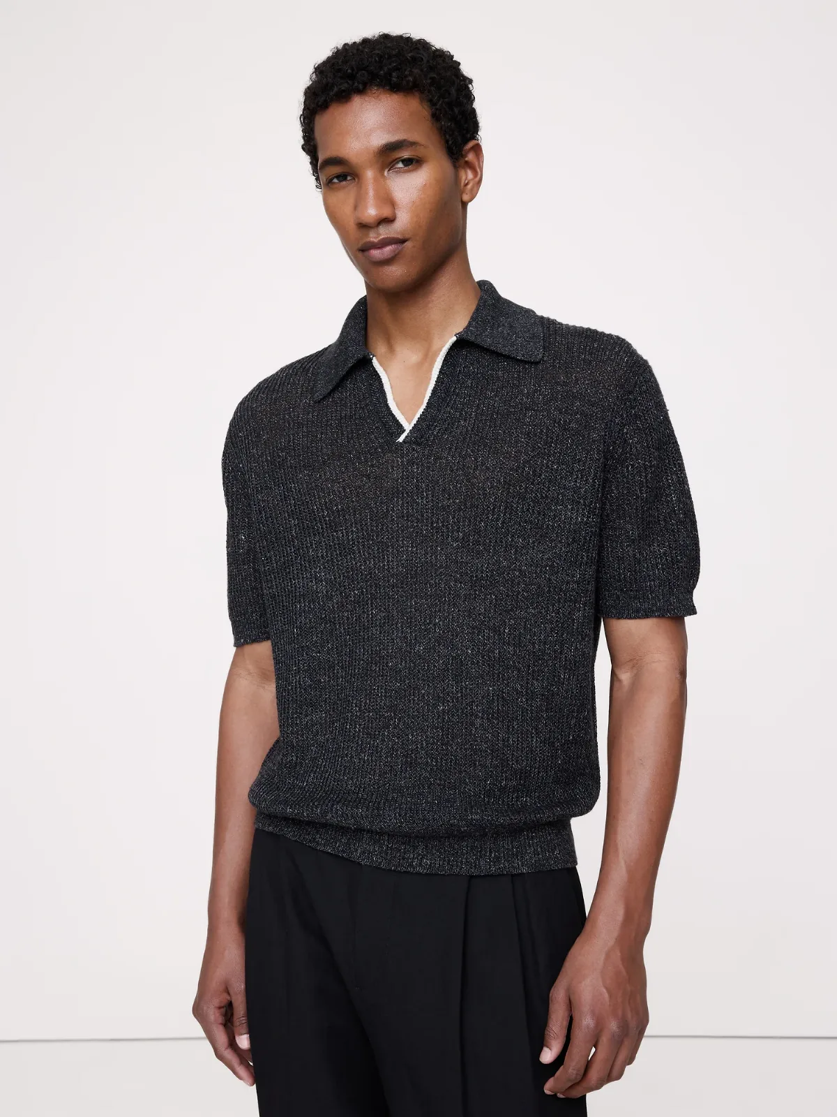 Linen-Cotton Johnny-Collar Sweater Polo Shirt