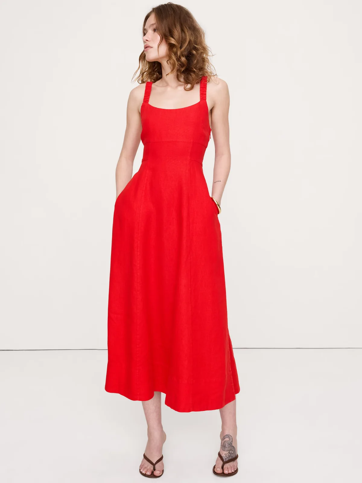 Linen Square-Neck Midi Dress by Banana Republic