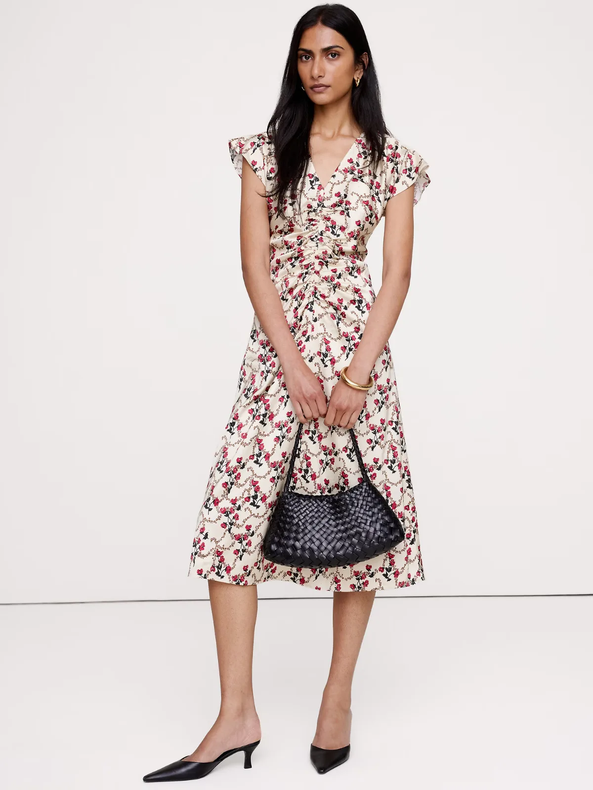 Stretch-Satin Flutter-Sleeve Midi Dress by Banana Republic