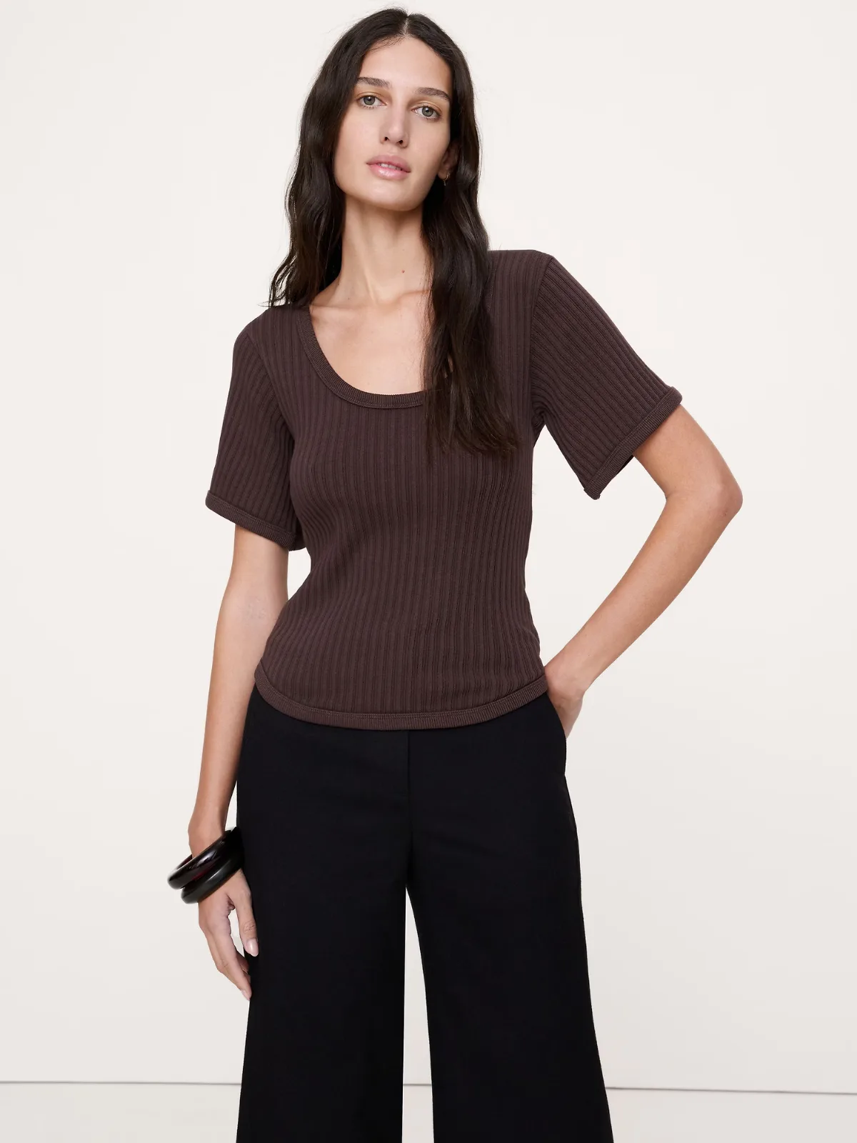 Ribbed Stretch-Cotton Scoop-Neck T-Shirt