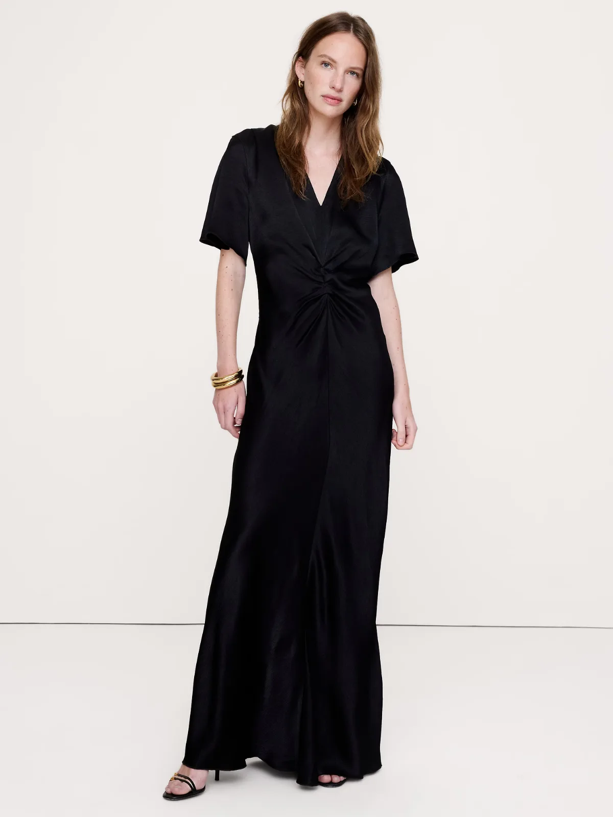 Hammered Satin Flutter-Sleeve Dress by Banana Republic