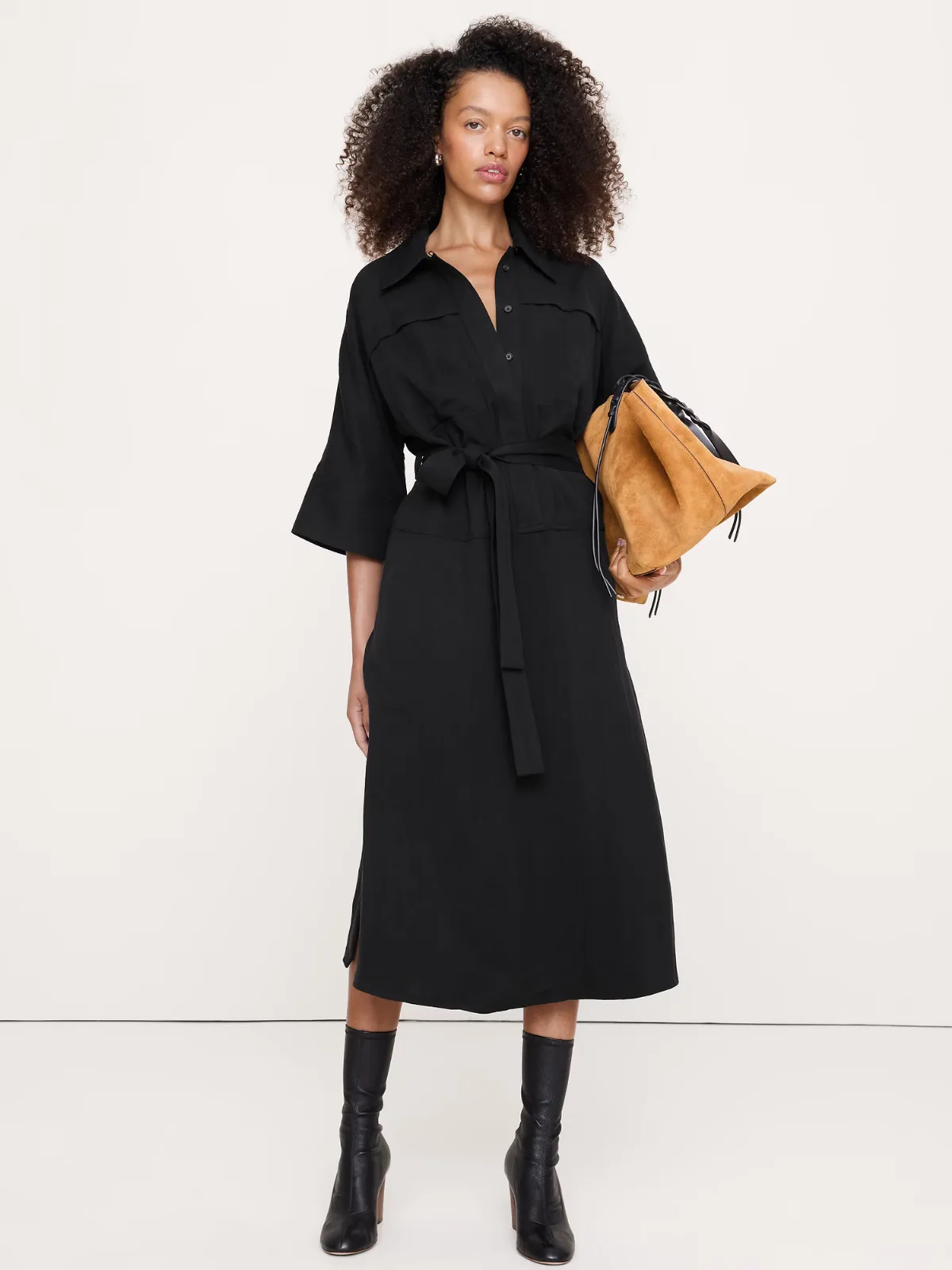 Drapey Twill Belted Midi Shirt Dress by Banana Republic