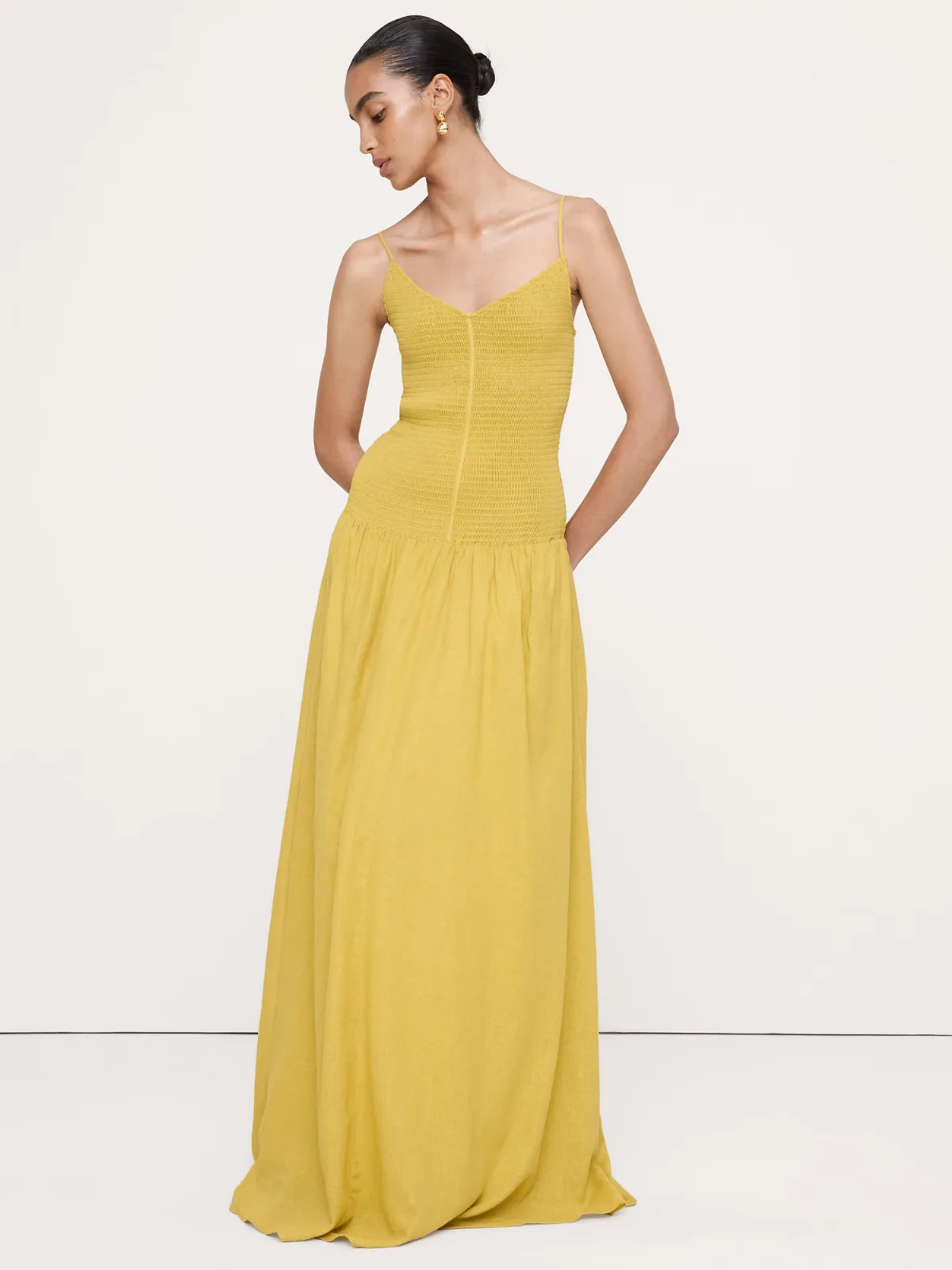 Linen-Cotton Gauze Smocked Maxi Dress by Banana Republic