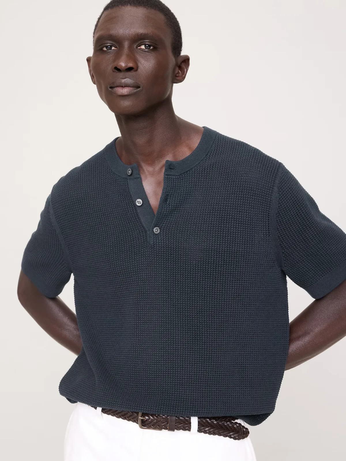 Cotton-Silk Short-Sleeve Henley Sweater by Banana Republic