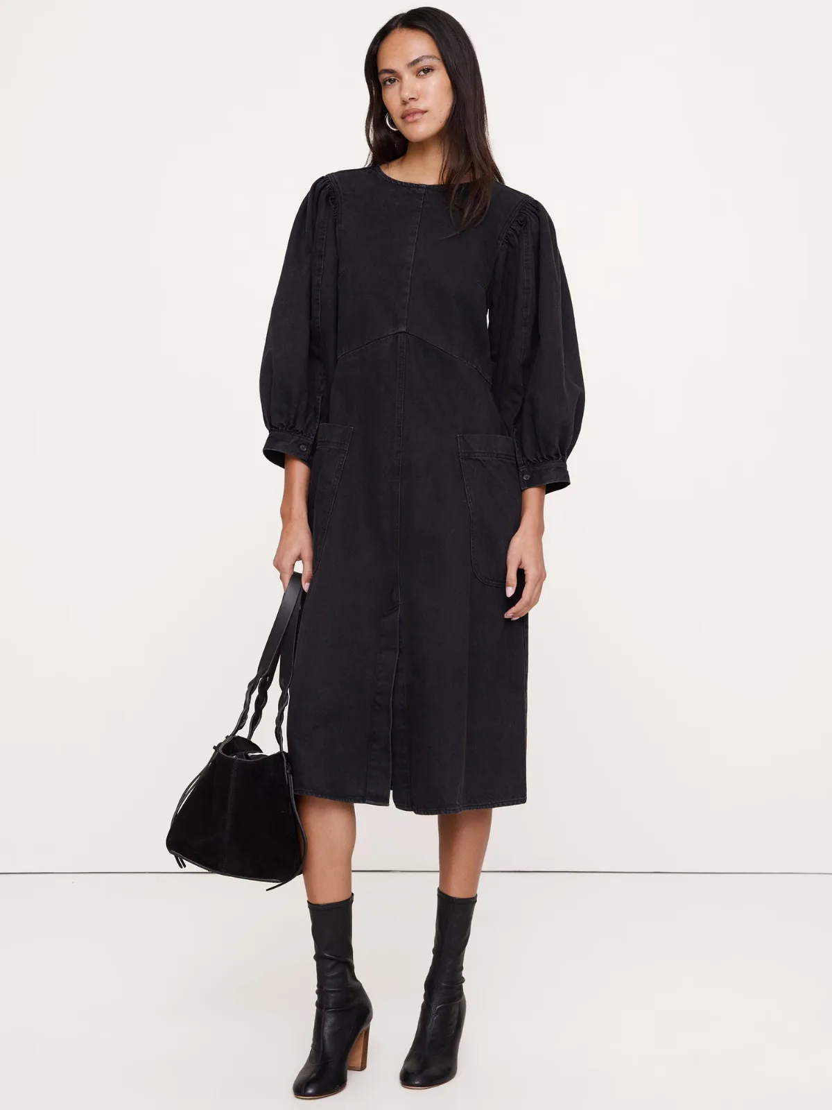 Denim Puff-Sleeve Midi Dress by Banana Republic