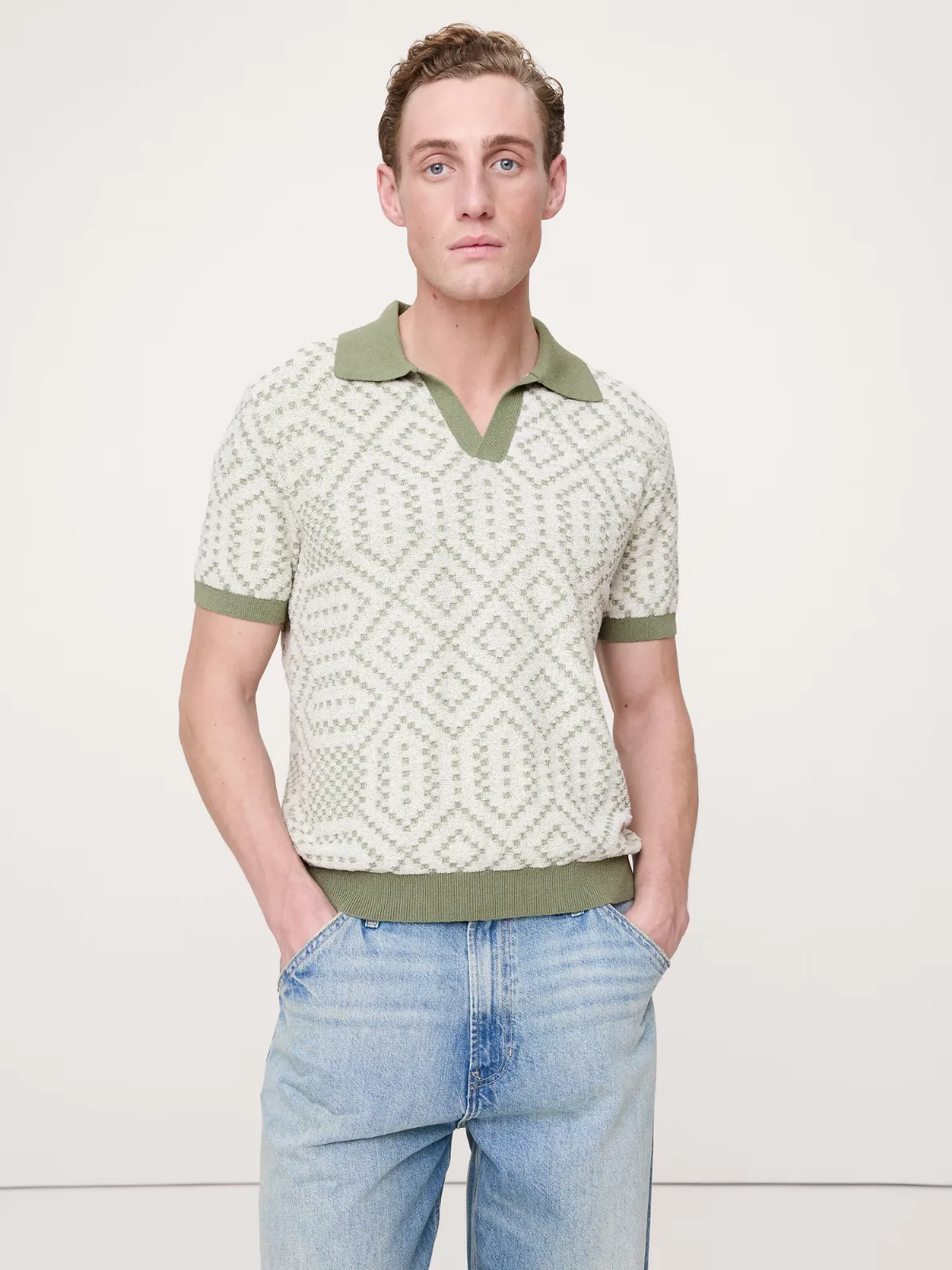 Linen-Cotton Blend Jacquard Polo Shirt by Banana Republic