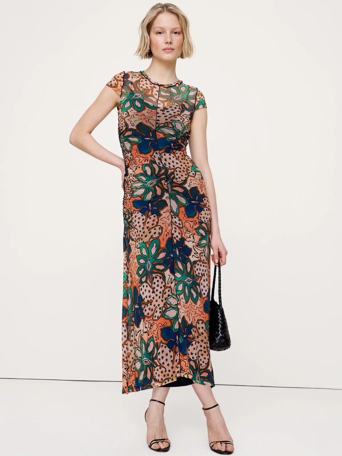 Ruched Mesh Short-Sleeve Midi Dress by Banana Republic