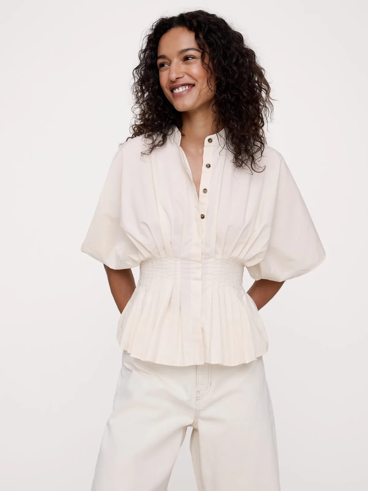 Cotton Poplin Pleated-Waist Top