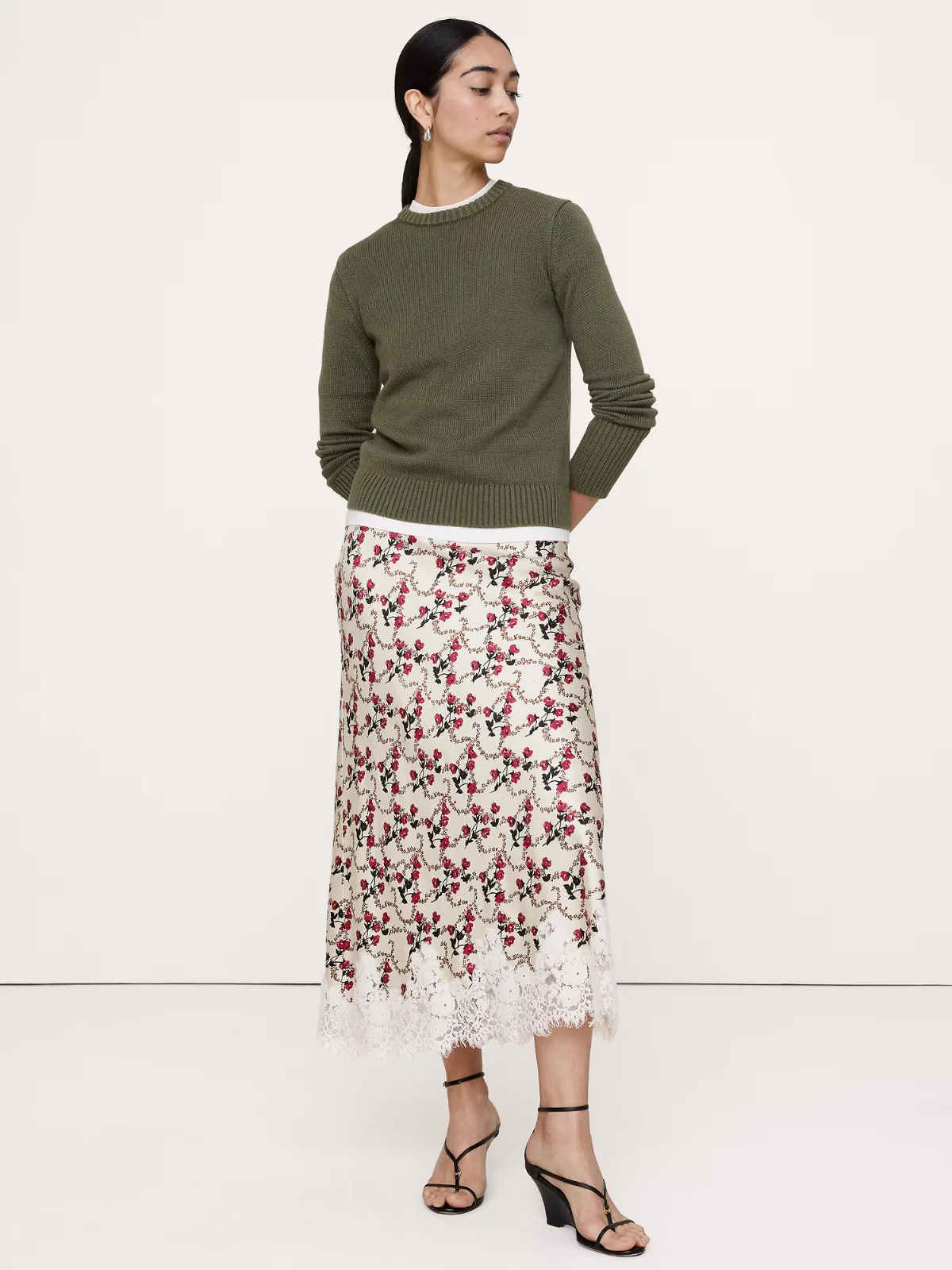 Stretch-Satin Lace-Trim Midi Skirt by Banana Republic