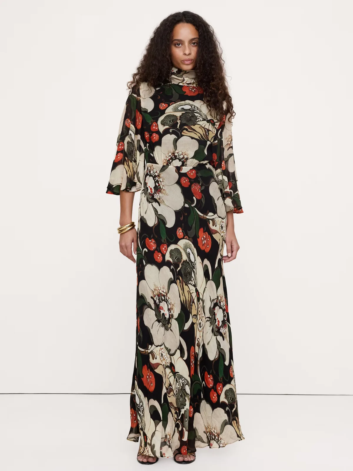 Georgette Flutter Cape-Sleeve Midi Dress by Banana Republic