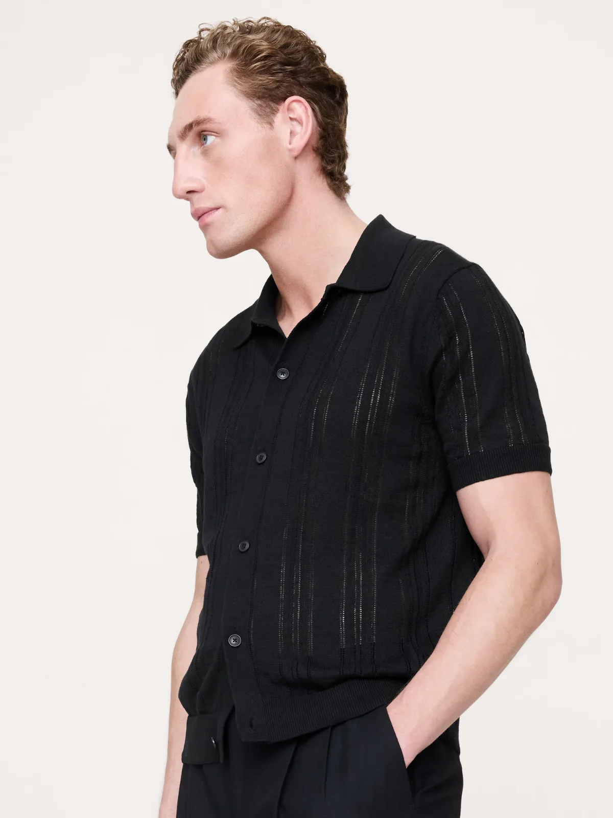 Linen-Cotton Textured Polo Shirt Cardigan by Banana Republic
