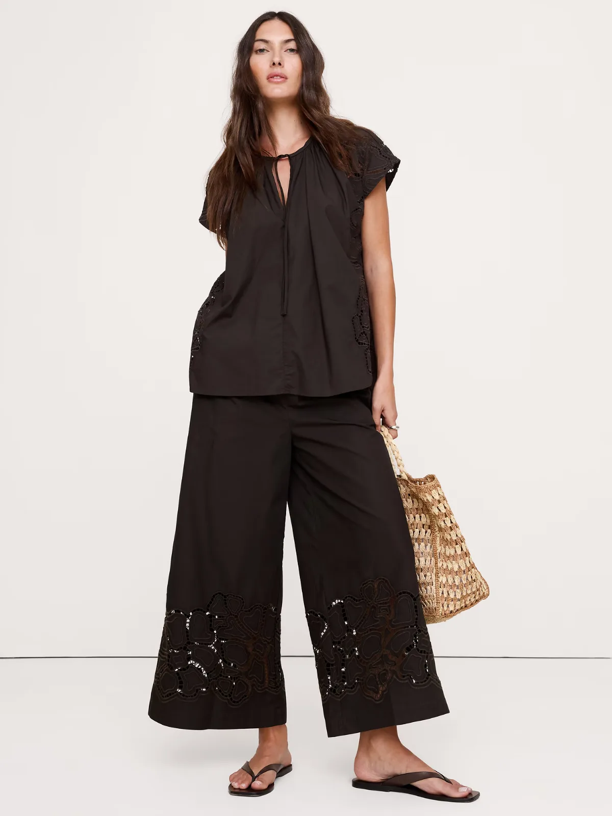 The Pull-On Wide-Leg Ankle Pant in Embroidered Poplin by Banana Republic