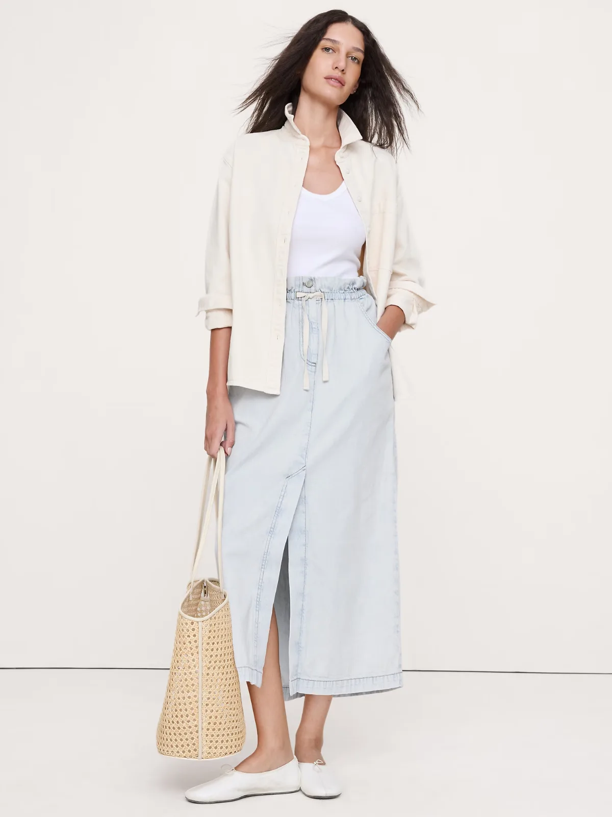 Denim Paperbag Midi Skirt by Banana Republic