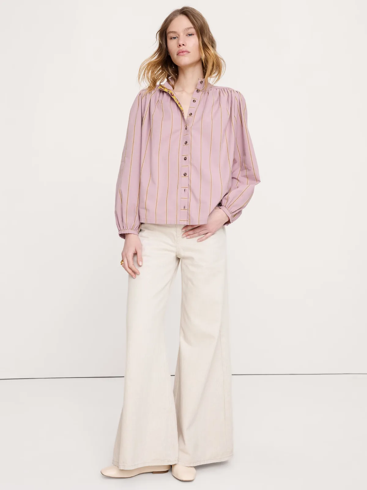 Breezy-Cotton Ruched-Shoulder Shirt by Banana Republic