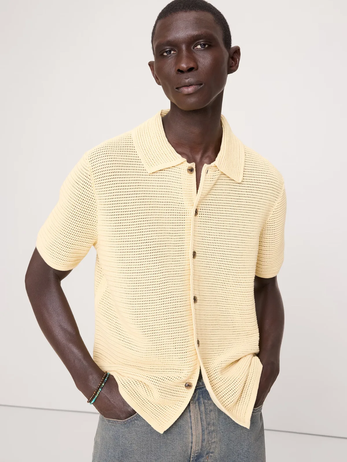 Cotton Mesh Polo Shirt Cardigan by Banana Republic