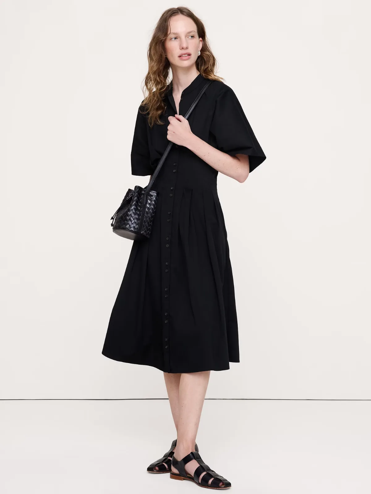 Stretch-Cotton Pleated Midi Shirt Dress by Banana Republic