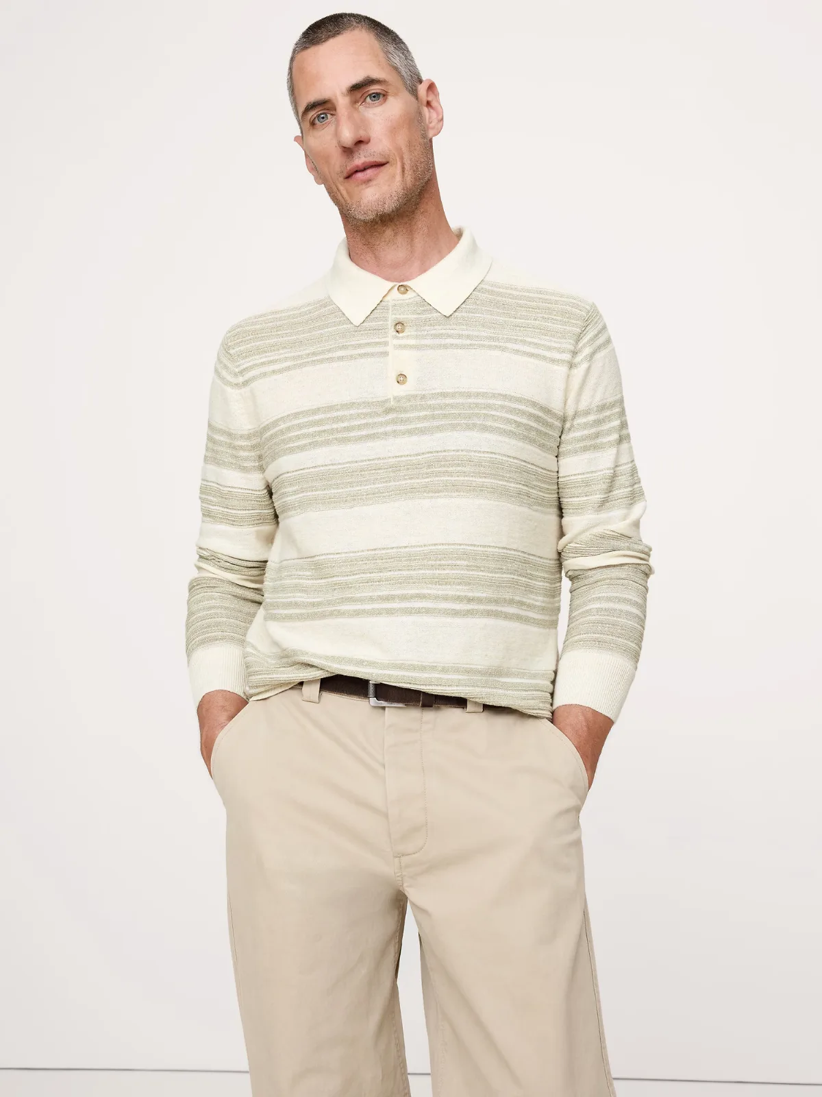 Stripe Cotton-Linen Sweater Polo Shirt by Banana Republic