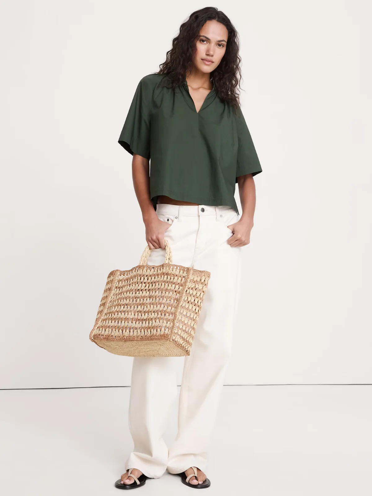 Cotton Poplin Split-Neck Top by Banana Republic