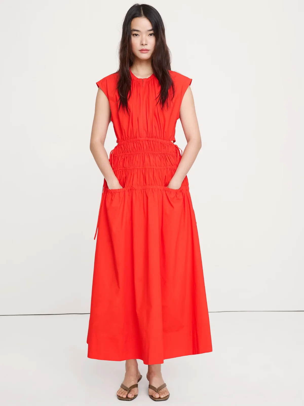 Smocked Cotton Poplin Maxi Dress with Open Back by Banana Republic