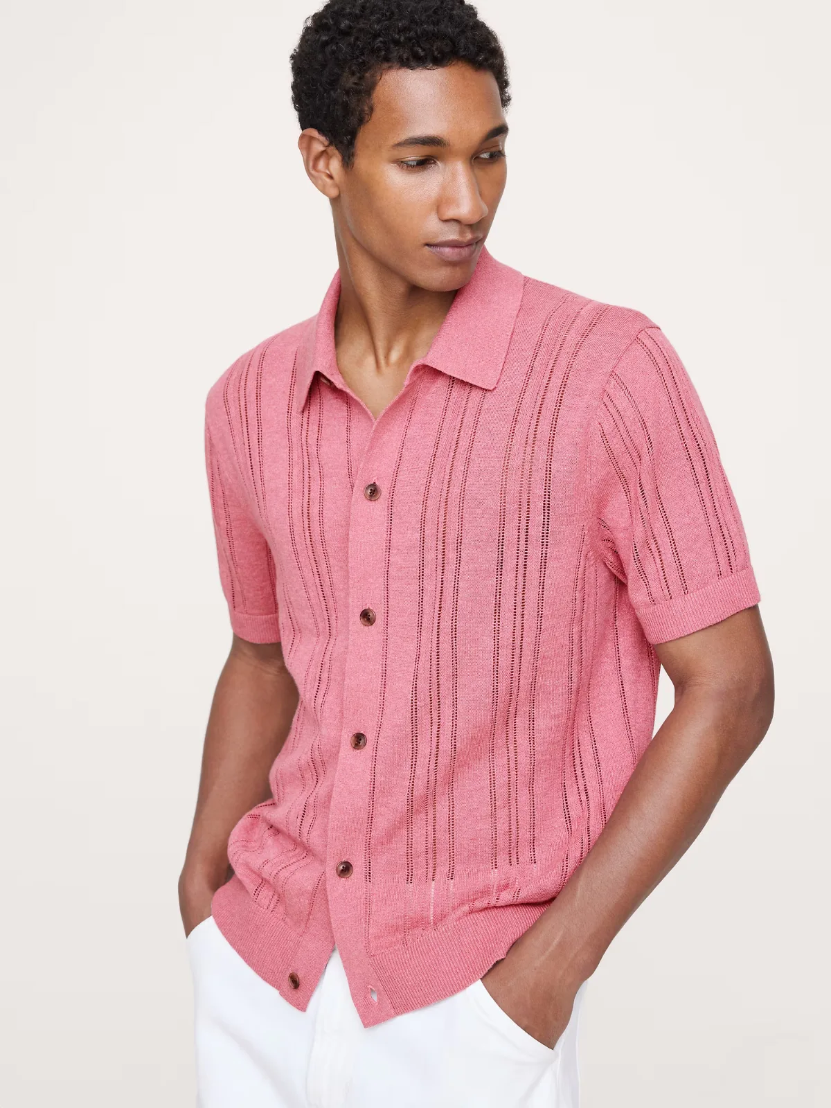 Linen-Cotton Textured Polo Shirt Cardigan by Banana Republic