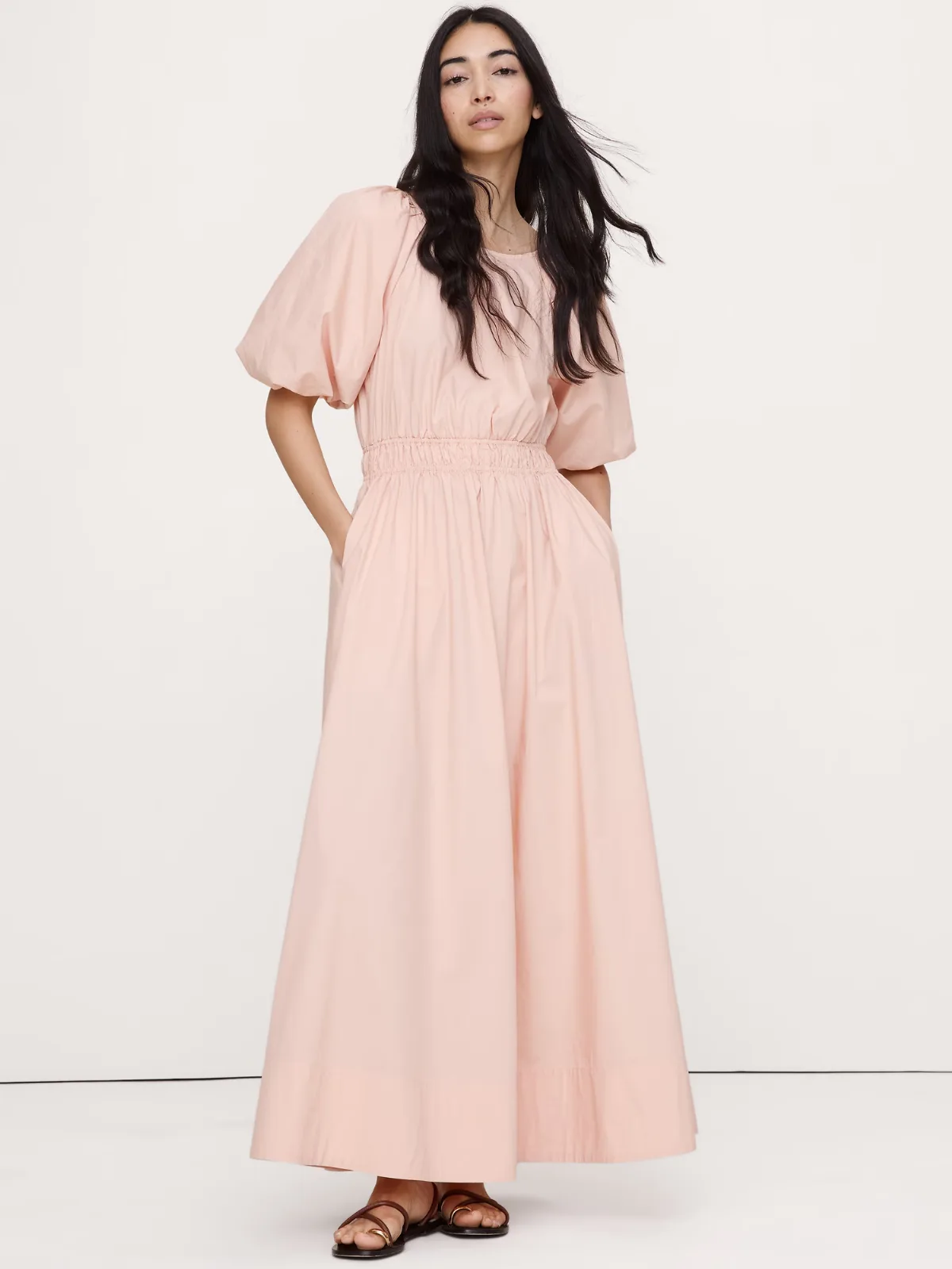 Cotton Poplin Puff-Sleeve Maxi Dress by Banana Republic