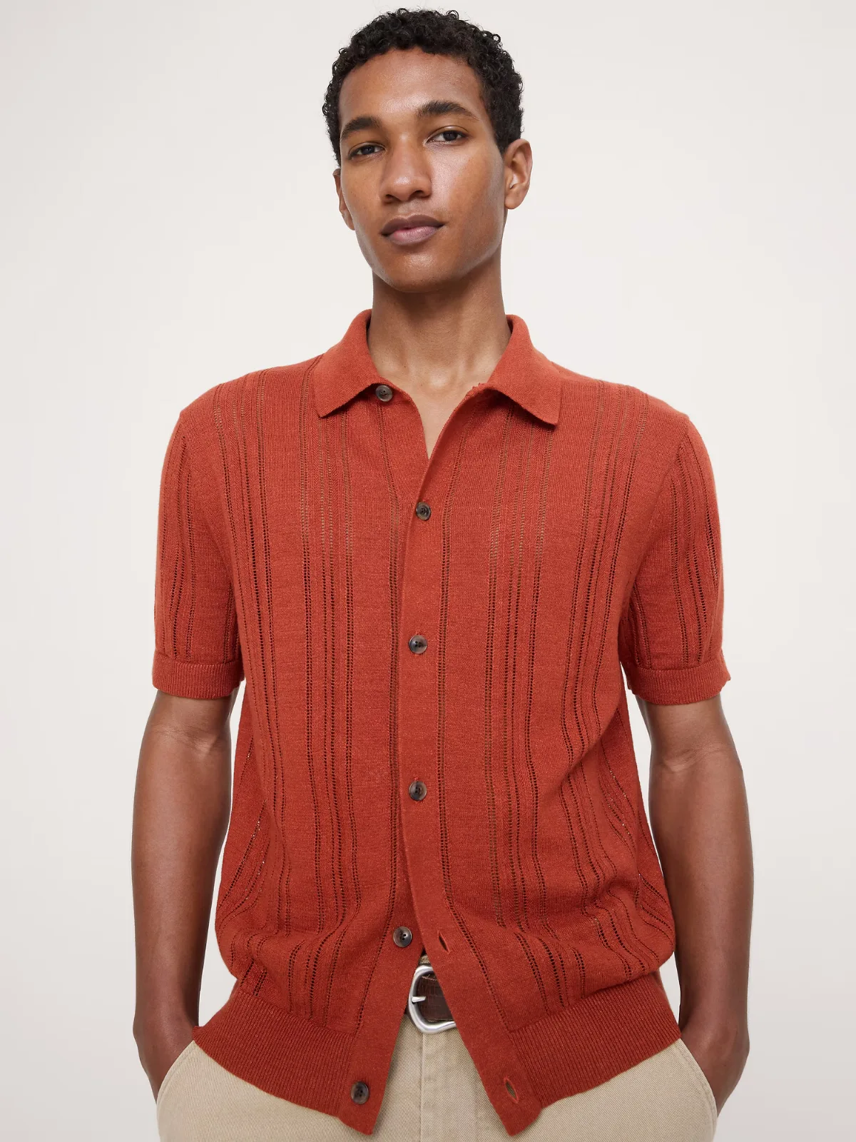 Linen-Cotton Textured Polo Shirt Cardigan by Banana Republic