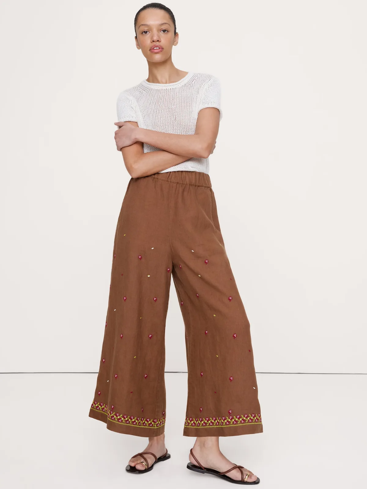 The Pull-On Wide-Leg Ankle Pant in Embroidered Linen by Banana Republic