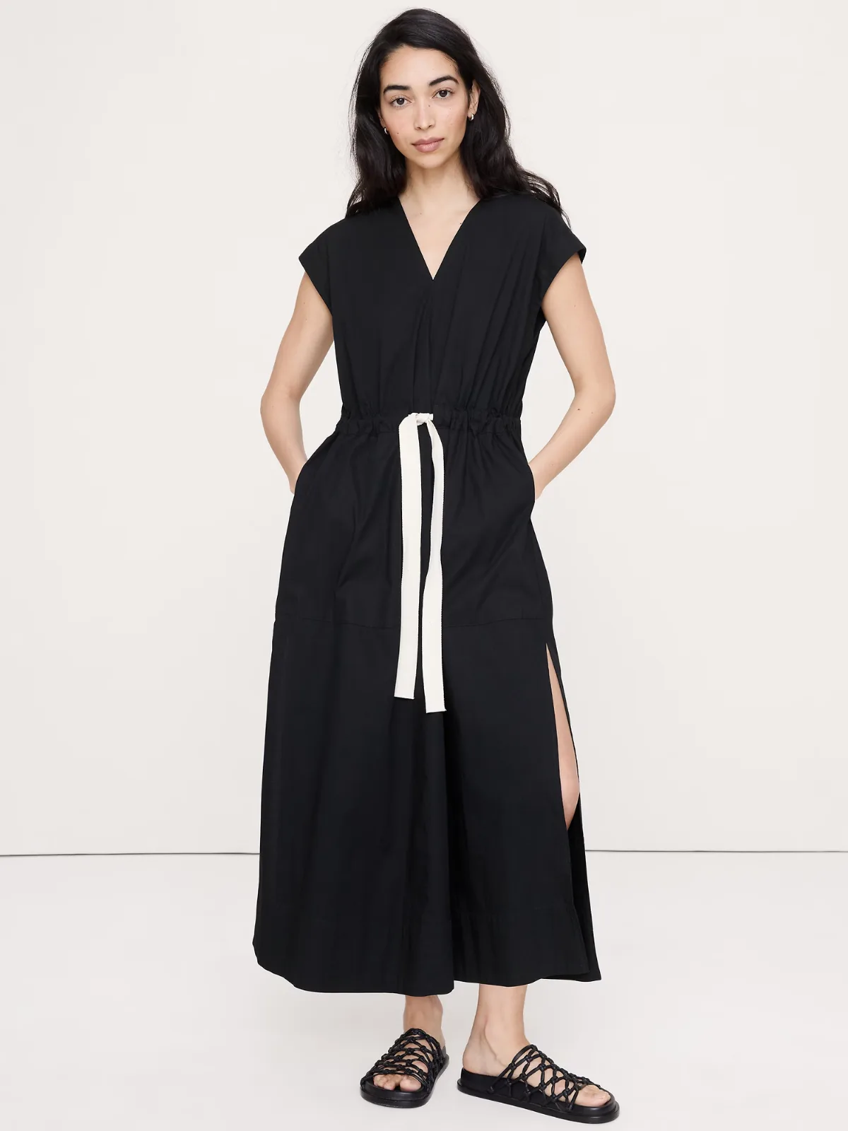 Stretch-Cotton Tie-Waist Maxi Dress by Banana Republic