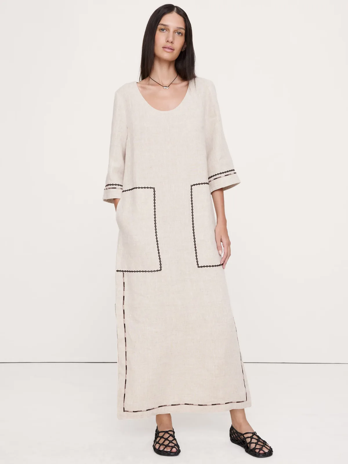 Embroidered Linen Scoop-Neck Maxi Dress by Banana Republic