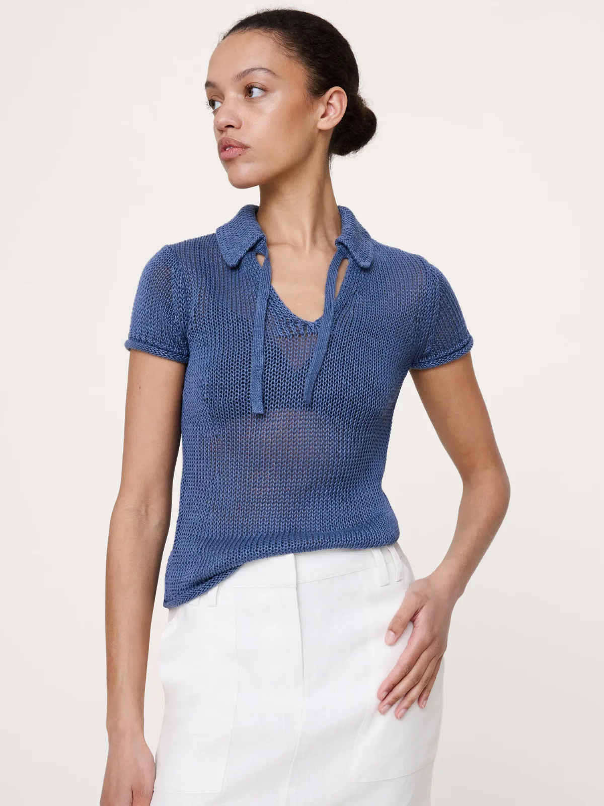 Heirloom Linen Tie-Neck Polo Shirt by Banana Republic