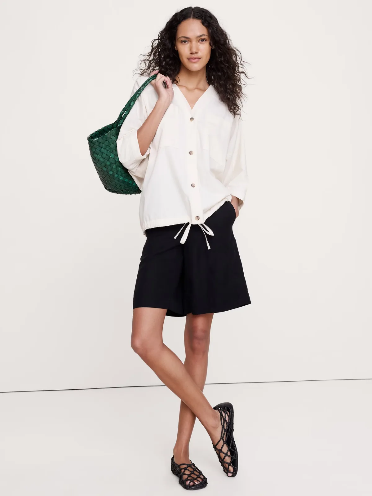 Stretch-Cotton Drawstring-Hem Top by Banana Republic