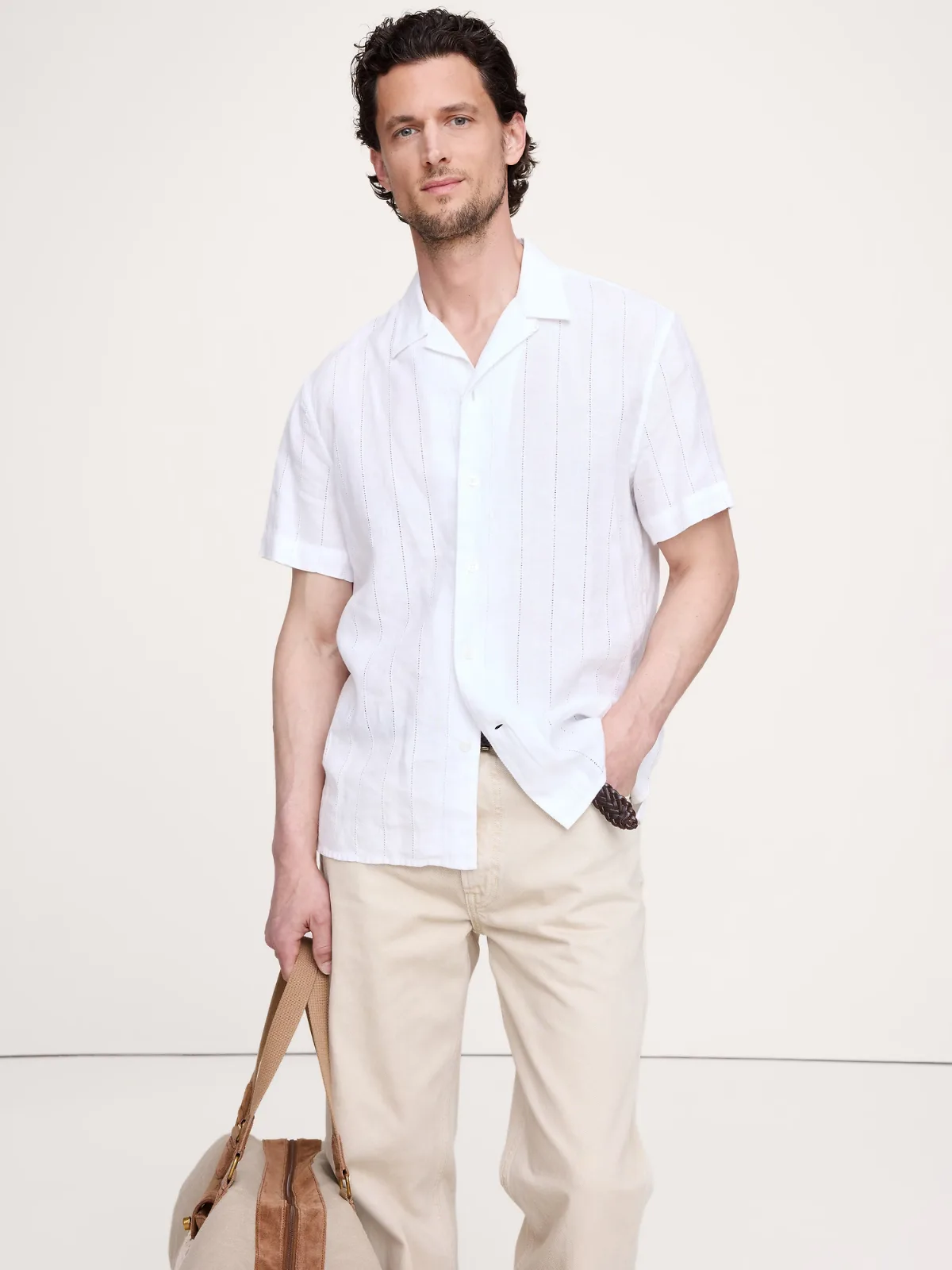 Standard-Fit Linen-Cotton Eyelet Stripe Resort Shirt by Banana Republic