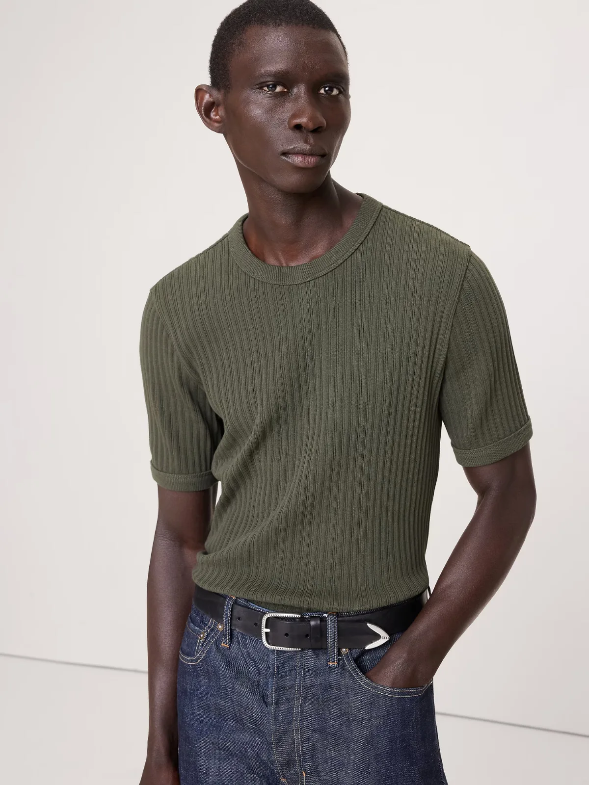 Ribbed Stretch-Cotton Crew-Neck T-Shirt by Banana Republic