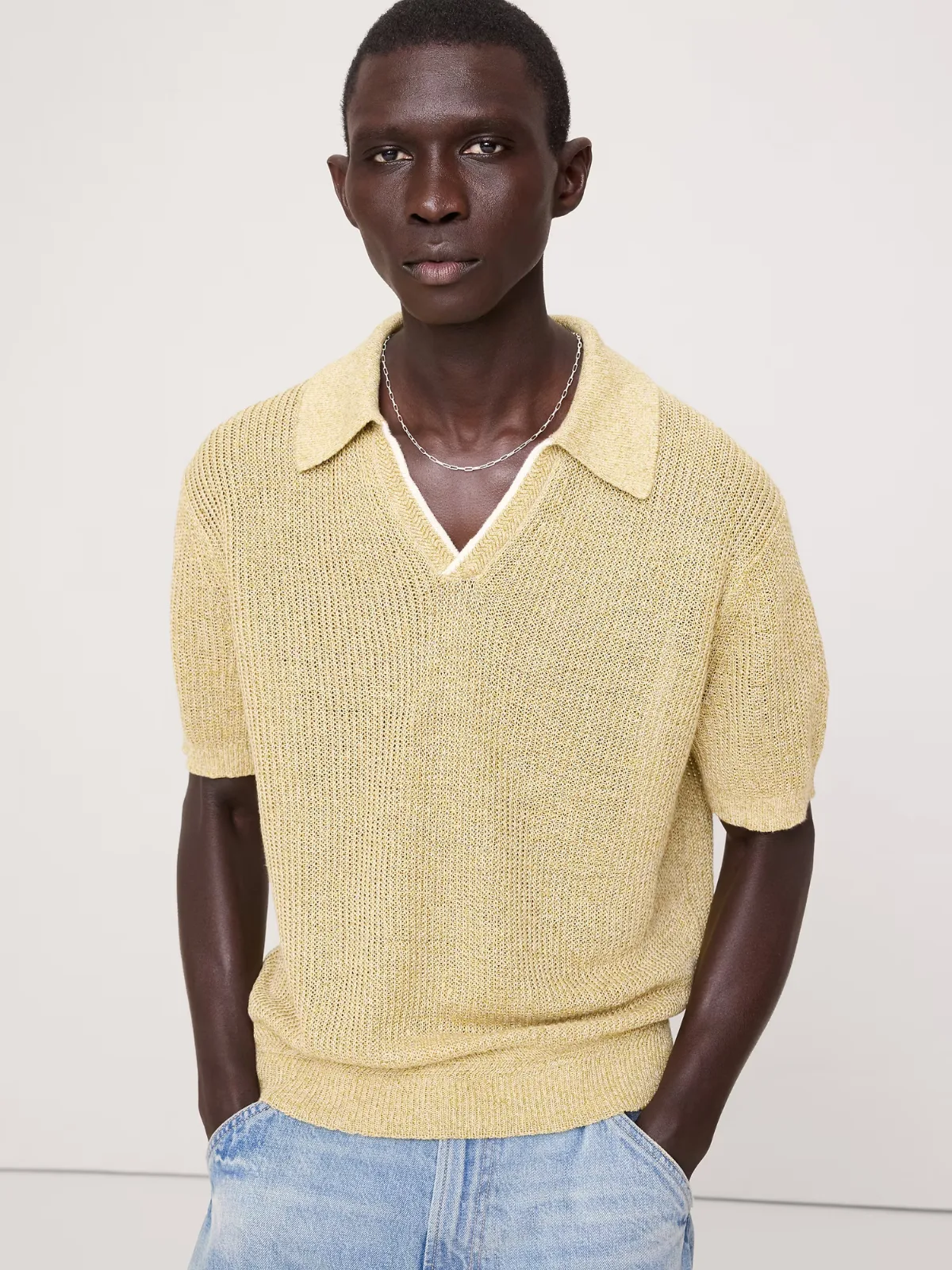 Linen-Cotton Johnny-Collar Sweater Polo Shirt by Banana Republic