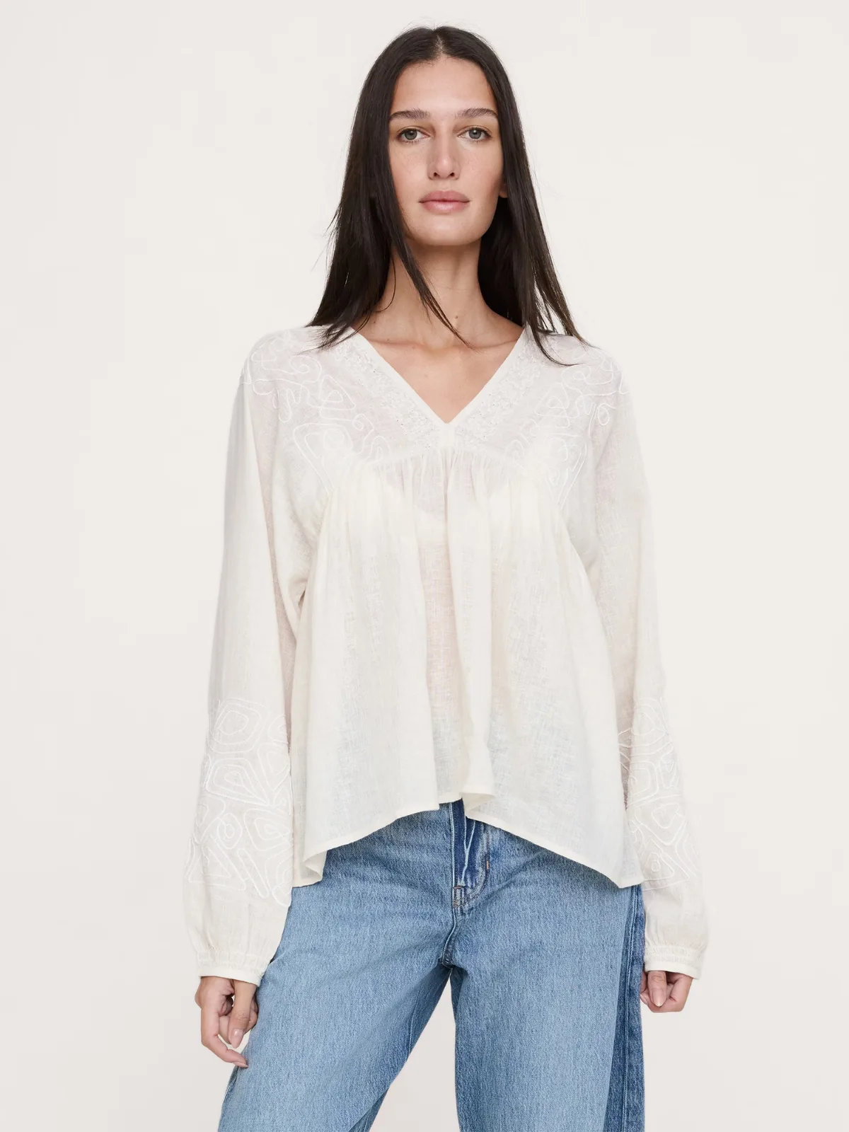 Embroidered Linen-Cotton Top by Banana Republic