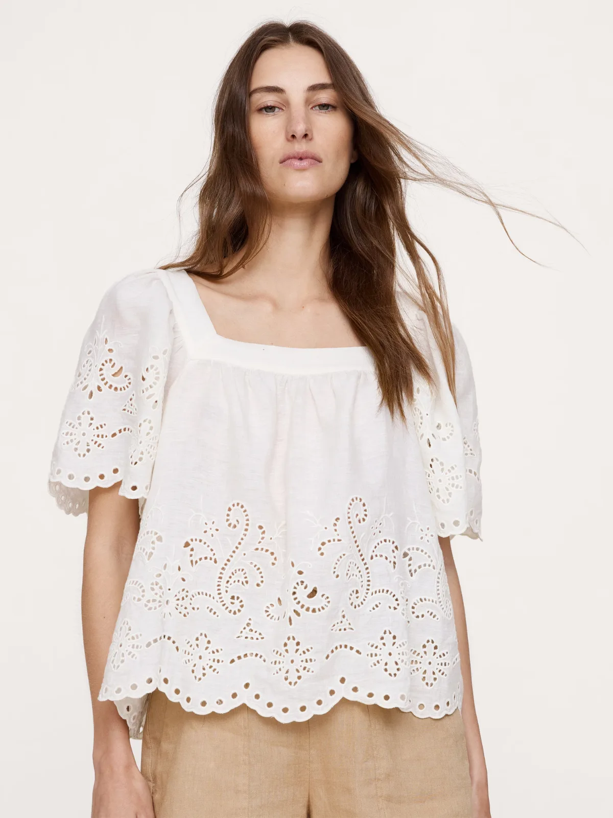 Linen Eyelet Square-Neck Top by Banana Republic