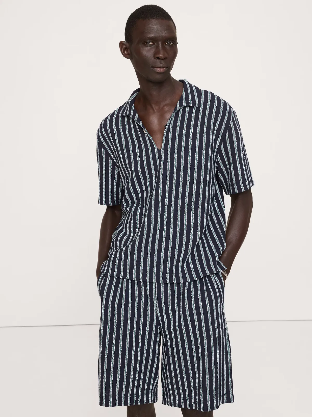 Jacquard Stripe Open Collar Polo Shirt by Banana Republic