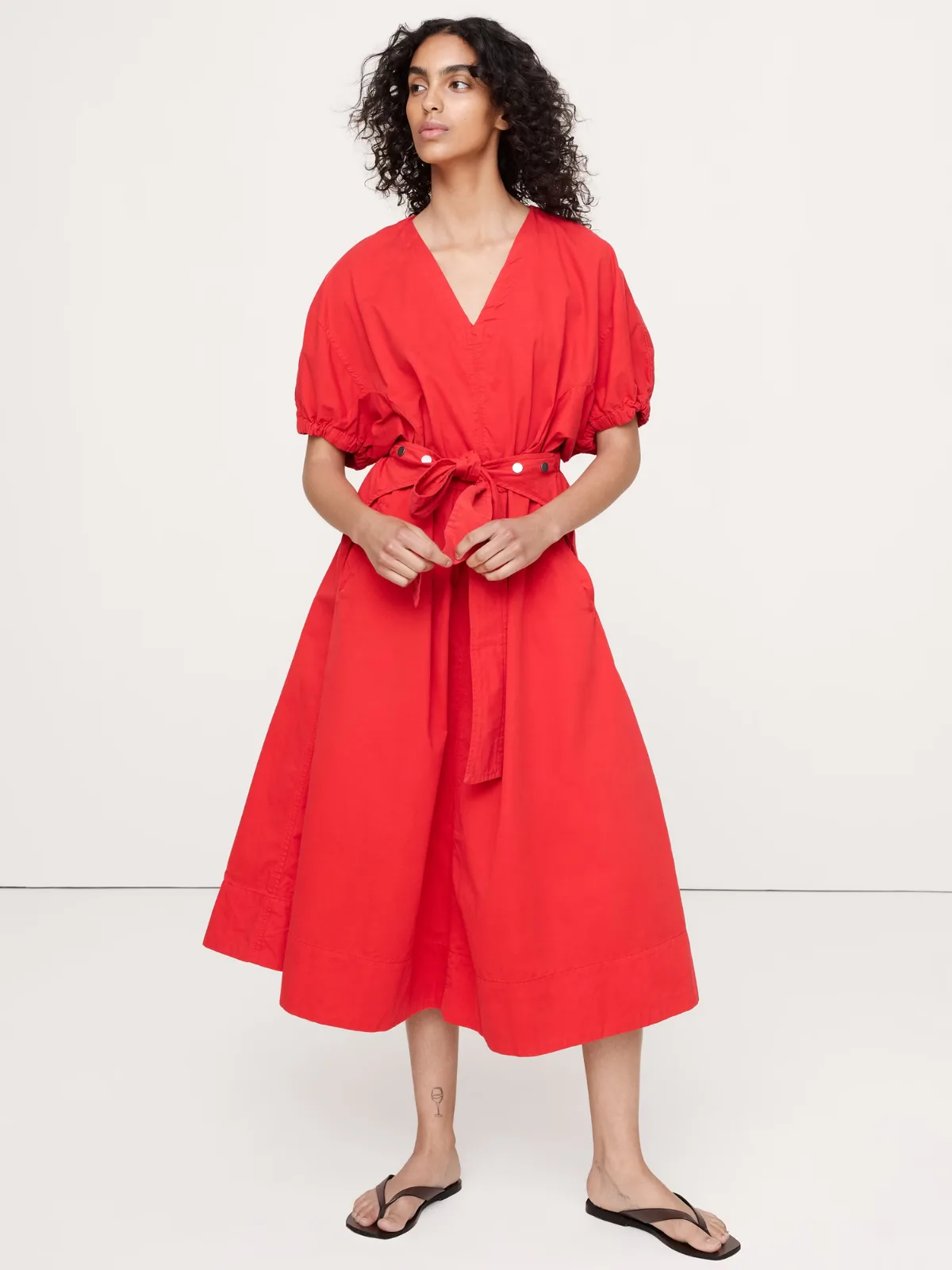 Cotton Twill Puff-Sleeve Midi Dress by Banana Republic