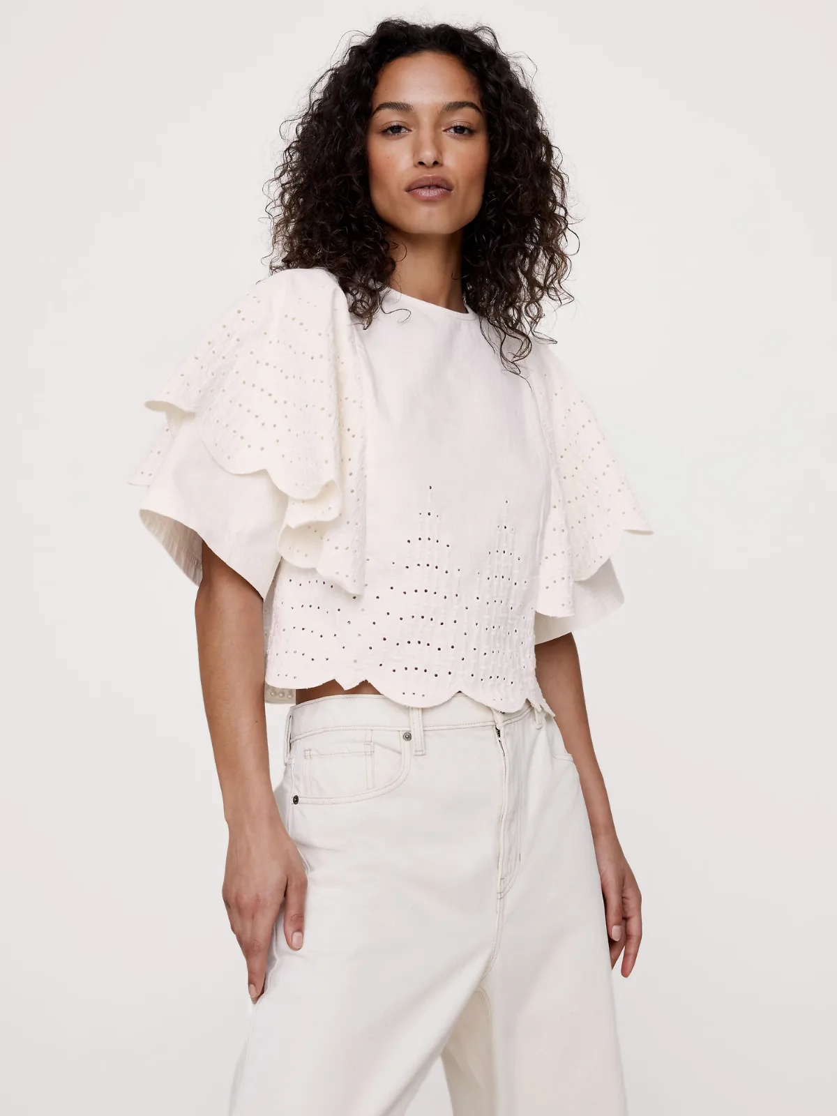 Eyelet Chambray Ruffle-Sleeve Top by Banana Republic
