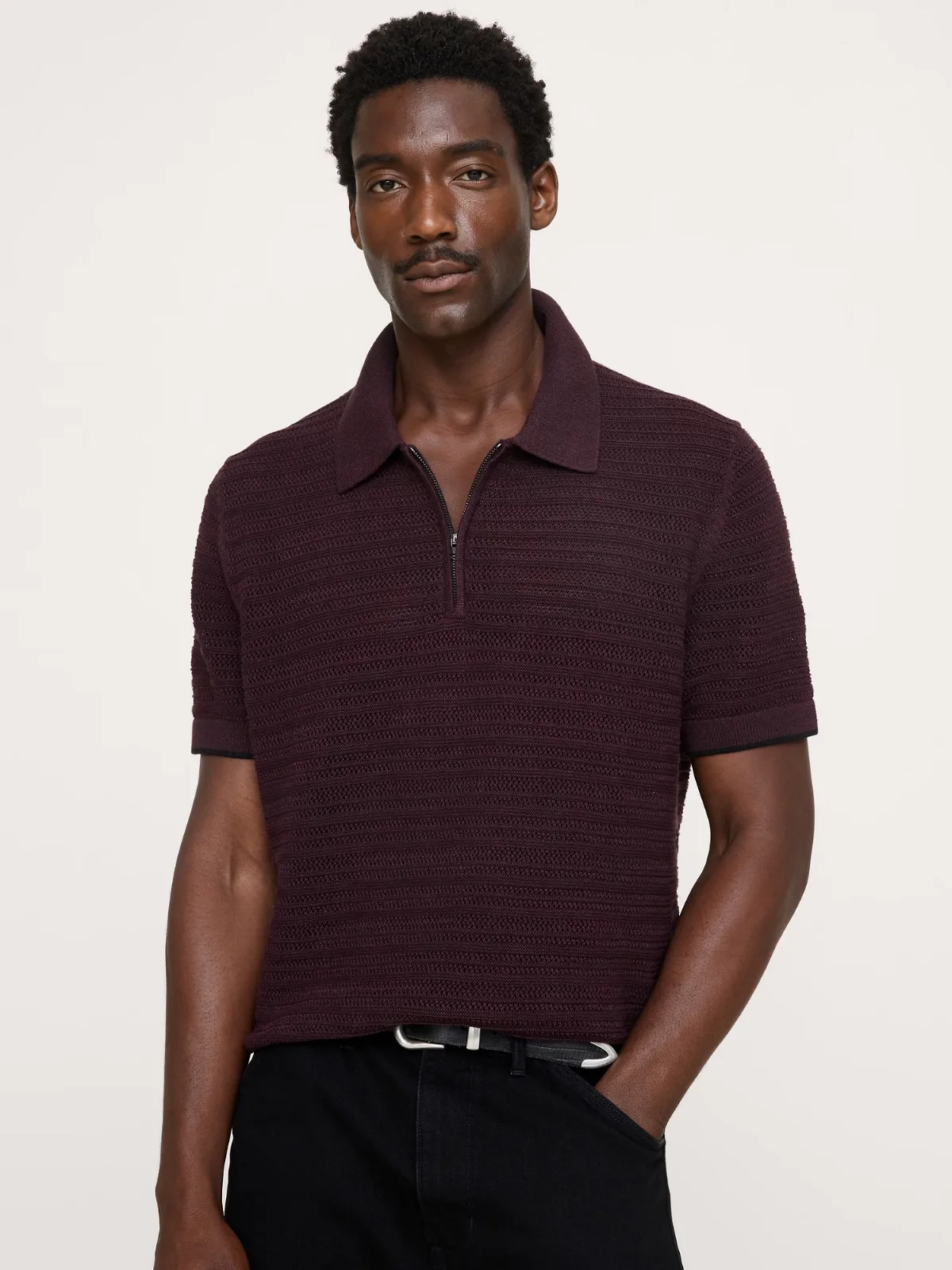 Cotton-Linen Mesh Zip Polo Shirt by Banana Republic