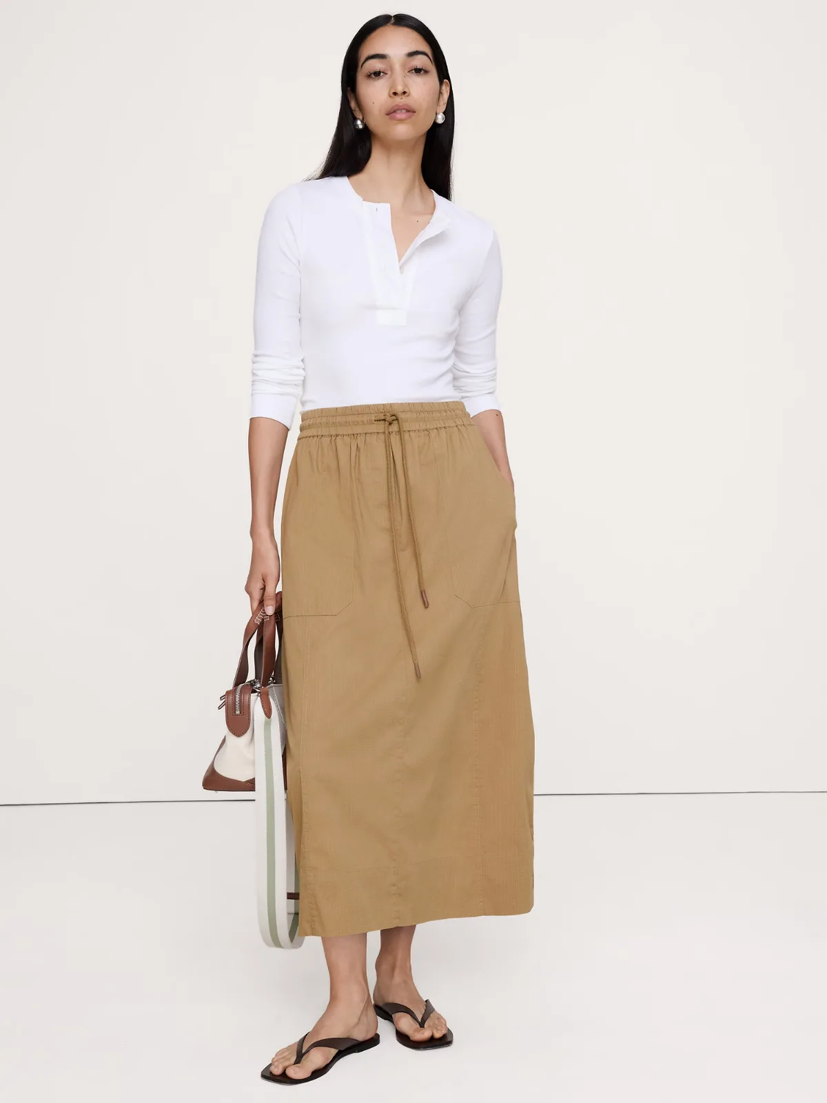 Stretch-Cotton Barrel Midi Skirt by Banana Republic