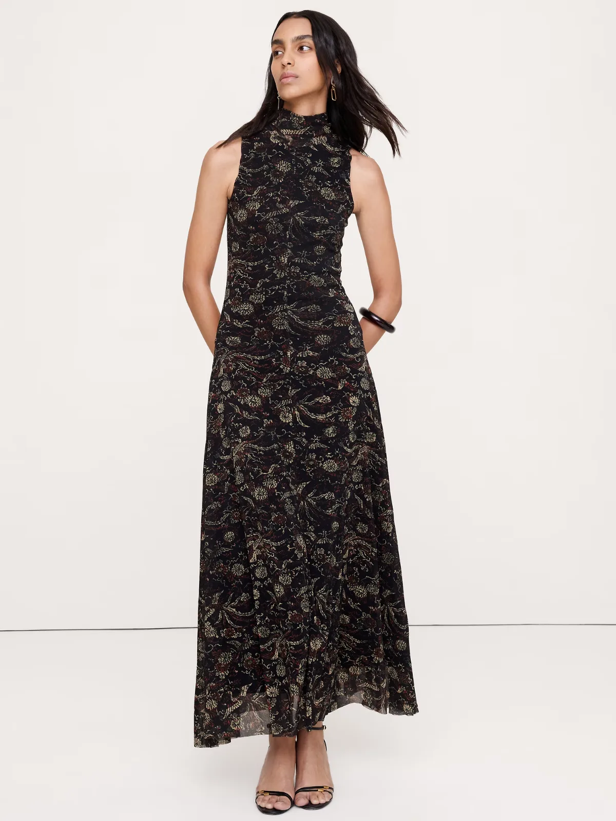 Mesh Tie-Neck Maxi Dress