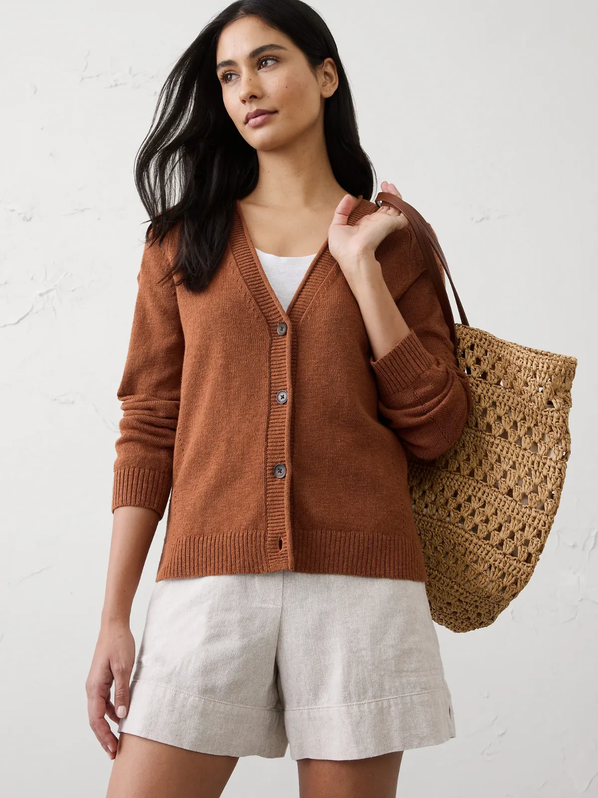Ramie-Cotton V-Neck Cardigan Sweater by Banana Republic