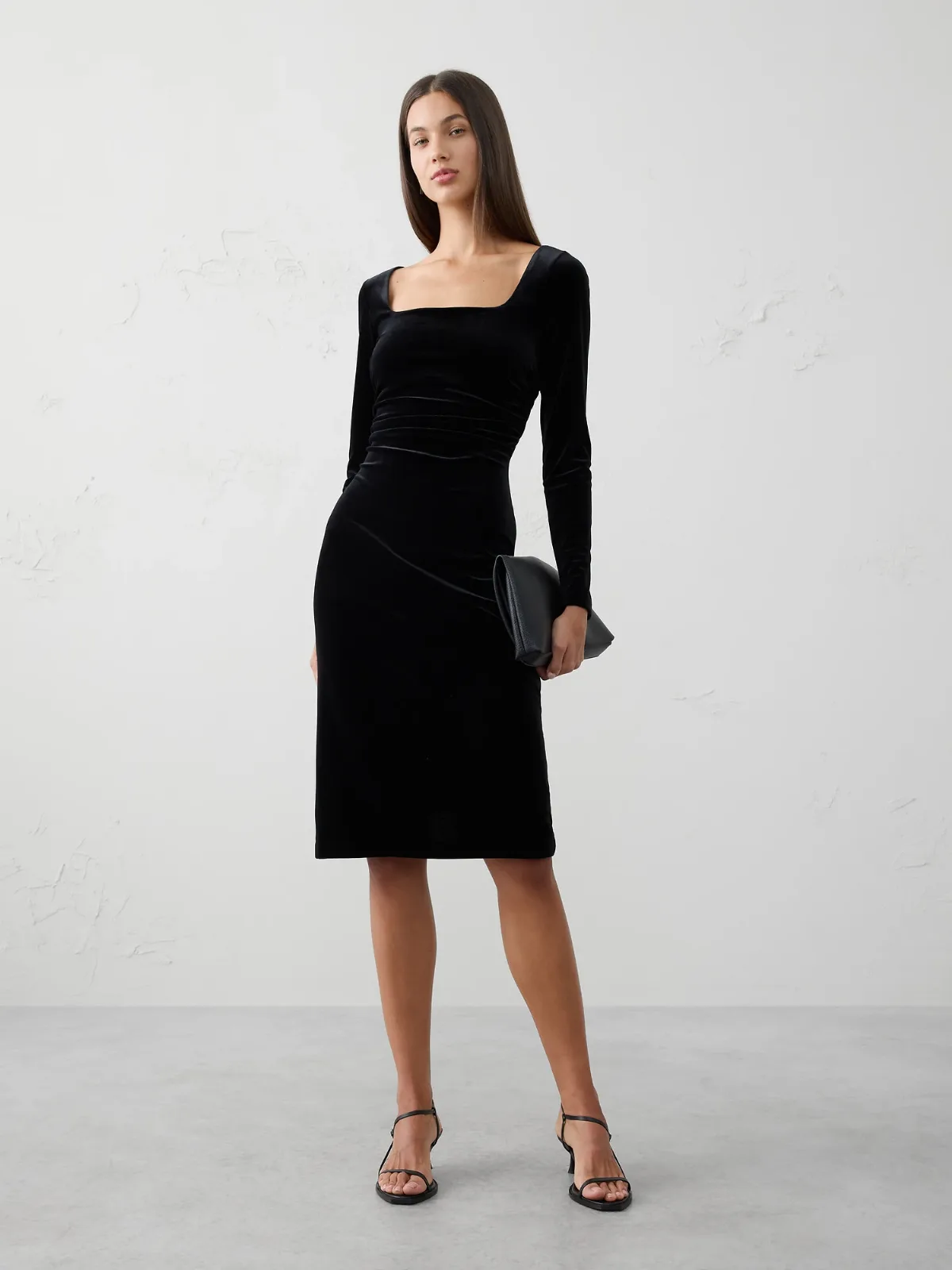 Velvet Shirred-Waist Below-Knee Dress